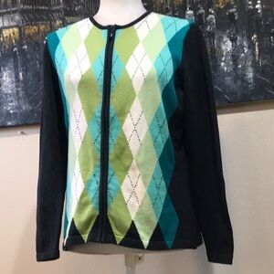 Foxcroft 100% Cotton Zip Front Color Block Diamond Front Design Cardigan-Size M